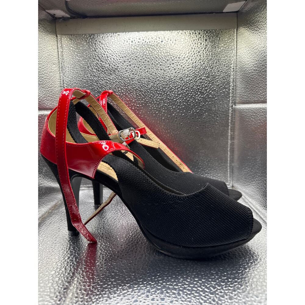 Get More Beauty Red Black Peep Toe Platform Heels Ankle Strap Retro Pumps 41